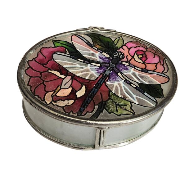 Amia Dragonfly Flowers Hand Painted Stained Glass Jewelery Trinket Box - Picture 1 of 8